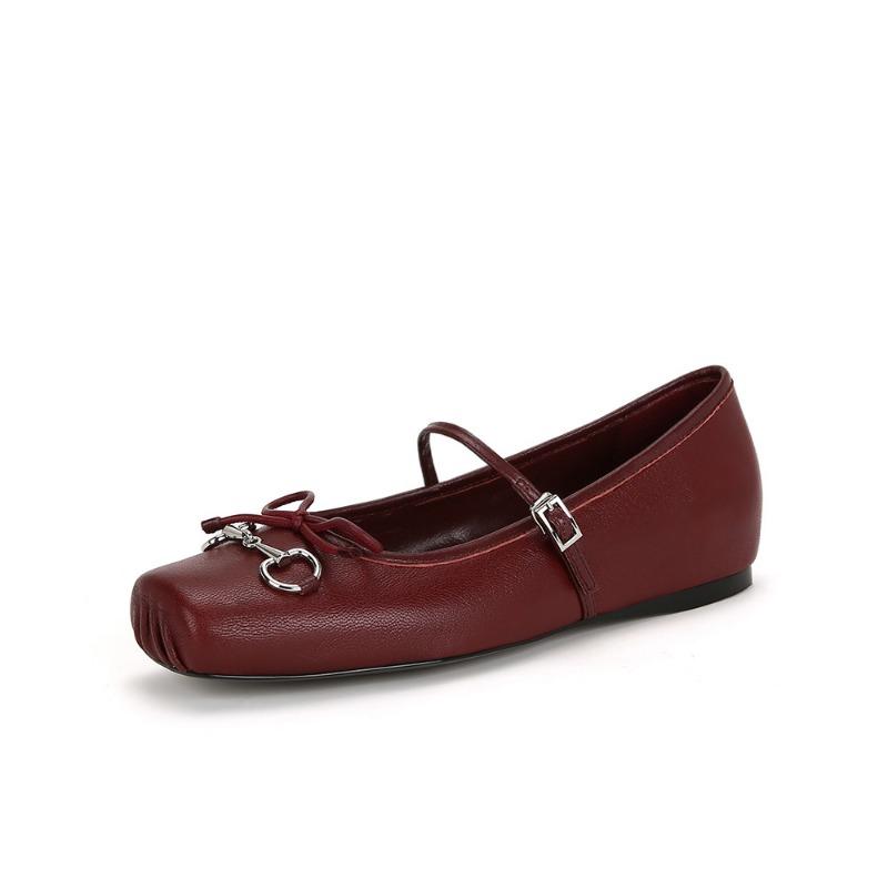 Sheepskin version~ Horse buckle pig nose single shoes bow flat ballet shoes women's Mary Jane shoes
