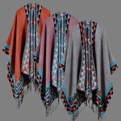 Boho Women Knitted Shawl Poncho Faux Cashmere Geometric Pattern Tassel Oversized Warm Long Cape