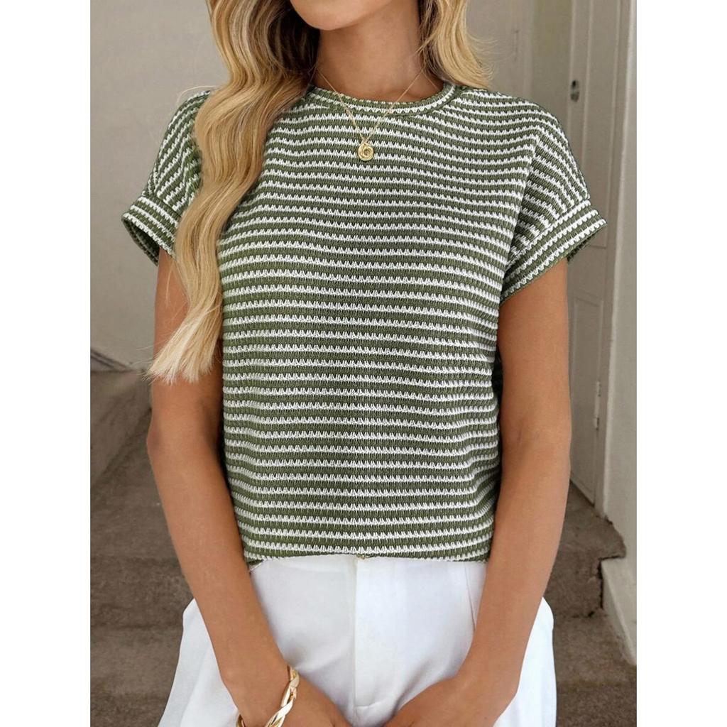 Sommer Damen Rundhals Pullover Zweifarbig Gestrickt Kurzarm Top, Grenzüberschreitend Lässiges Stricktop für Europa Amerika