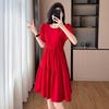 2026 Summer Women's Plus Size Red A-Line Short-Sleeve Waist-Cinched Dress
