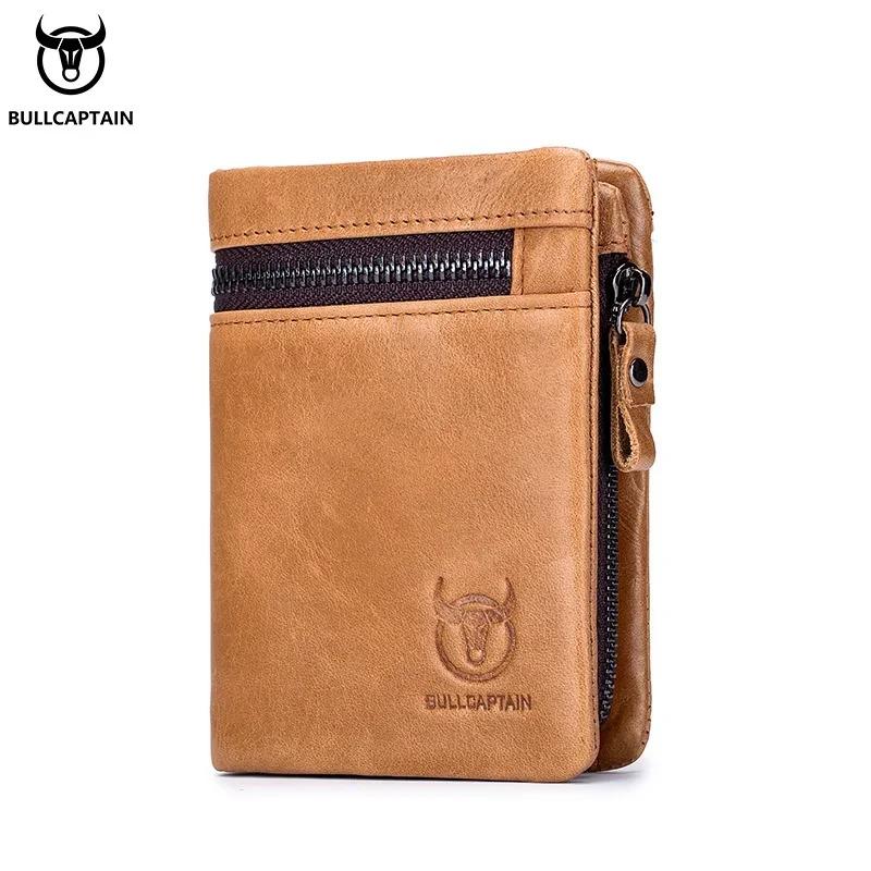 BULLCAPTAIN Short Tri-Fold Buckle Zipper Wallet Men's Cow Leather Wallet Coin Purse Money Bag Business Card Holder RFID Holder