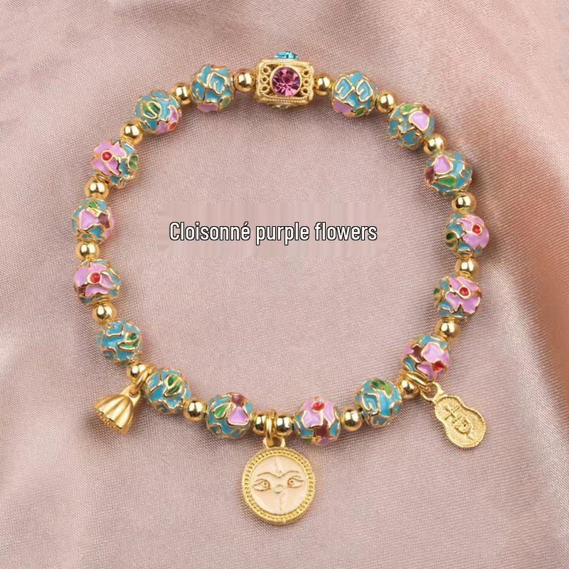 Lake Blue Cloisonné Enamel Lotus Flower God of Wealth Bracelet