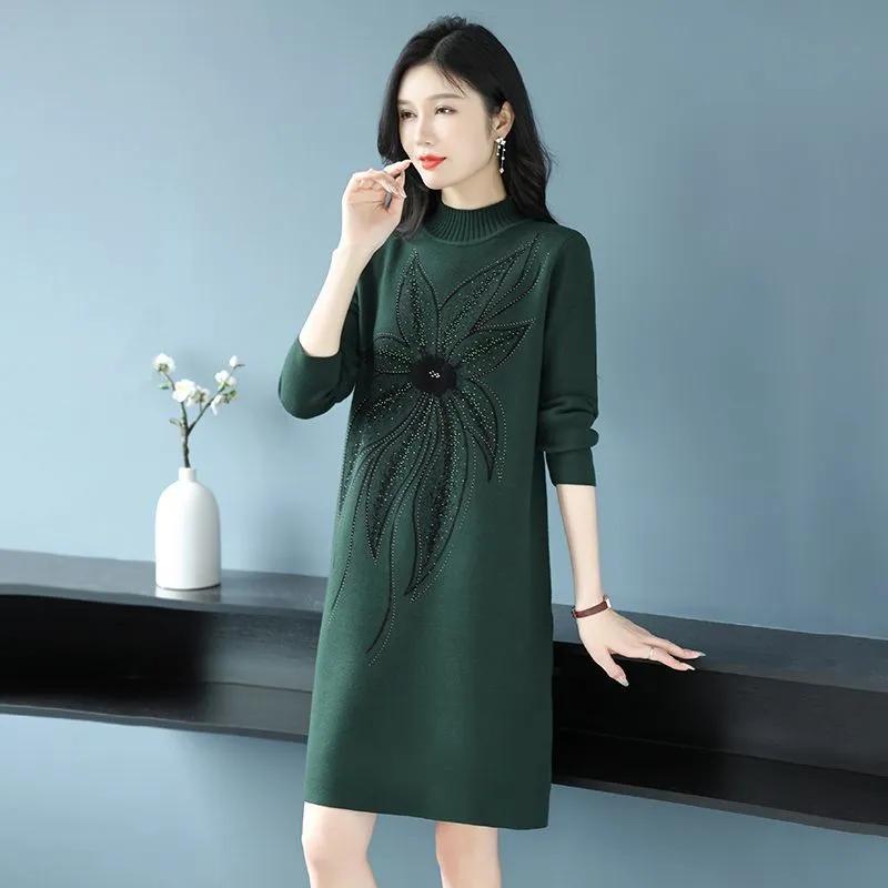 Robes pour Femme Coton Hiver Chaud Col Rond Manches Longues Vintage Décontracté Imprimé Long Tricot Stretch Pull Robes