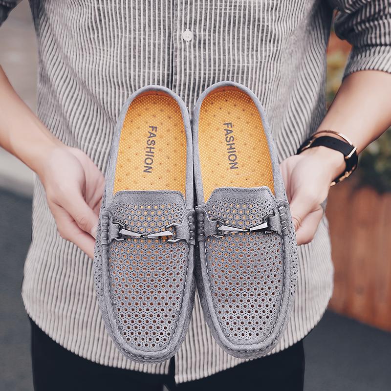 Fashion Men Slippers Suede Leather Men Half Slippers Hollow Breathable Anti-slip Sandals Men Casual Beach Summer Flats Comfortable Shoes