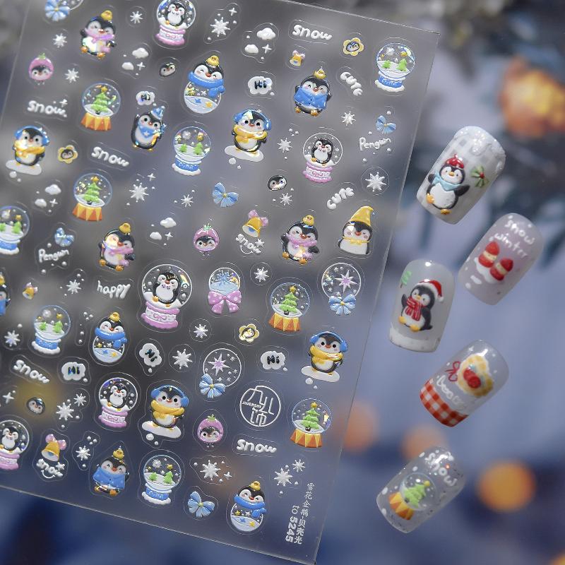 1Sheet Snowflake Penguin Sticker For Nails Cute Crystal Ball Lace Red Hat Star Bow Christmas Tree Nail Art Stickers Decoration