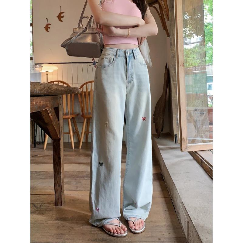 2024 New High Waist Denim Trousers Women Summer Design Sense Bow Embroidery All-Match Wide Leg Mop Pants Fashion