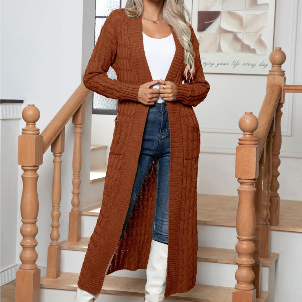 IHUASU Women's Autumn and Winter Twisted Pocket Long Knitted Cardigan Sweater