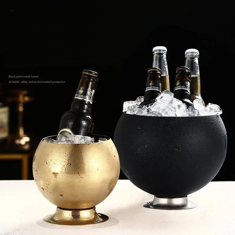 Round Thick Stainless Steel Ice Bucket Home KTV Bar Wine Beer Cooler Bucket With Base Restaurant Party Ice Maker Beer Bucket