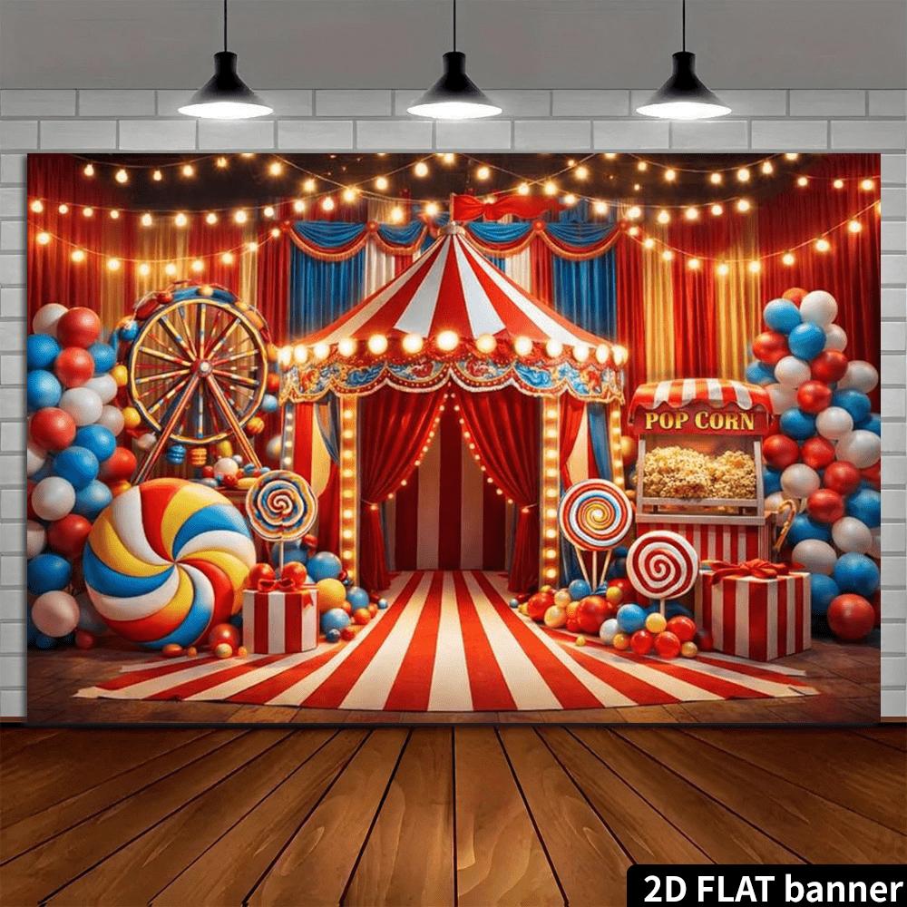 2D Entertainment Carnival Background Scene, Featuring Red and White Striped Tents, Ferris Wheels and Popcorn Machines