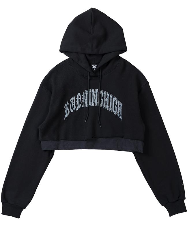 Arch Logo Layered Crop Hoodie [Black]