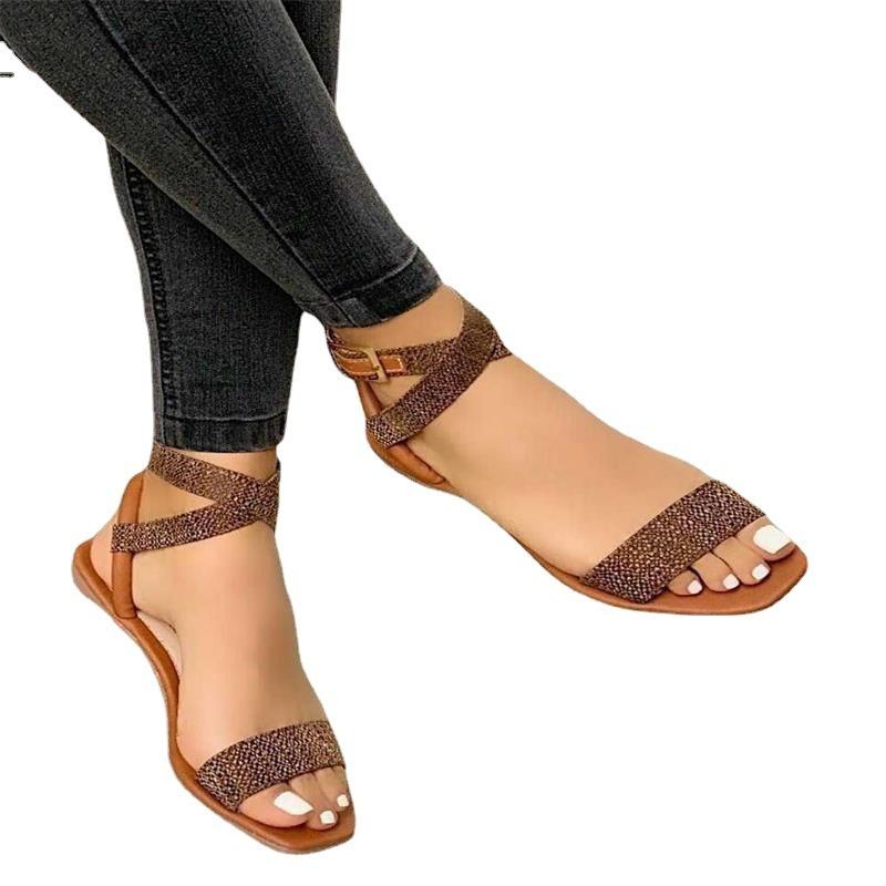 Large Size Women Ankle Wrap Ladies Outside Buckle Sandals