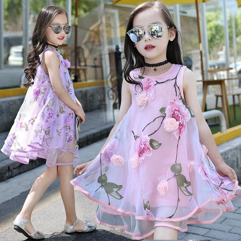 2025 New Summer Girls' Sleeveless Floral Chiffon Beach Dress for Toddlers & Kids