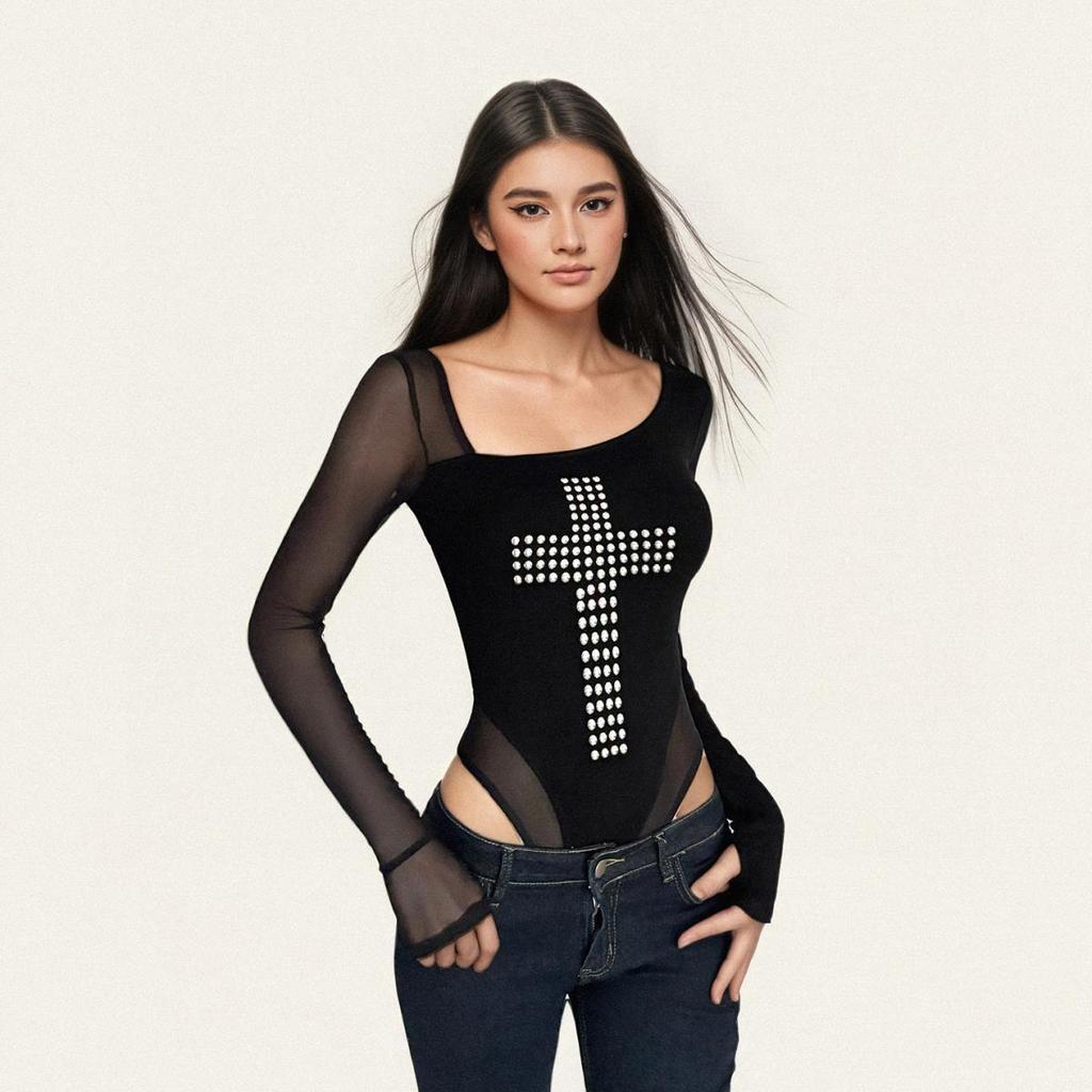 Chic Mesh Long Sleeve Bodysuit - Sexy American Style with Drilled Details for Women
