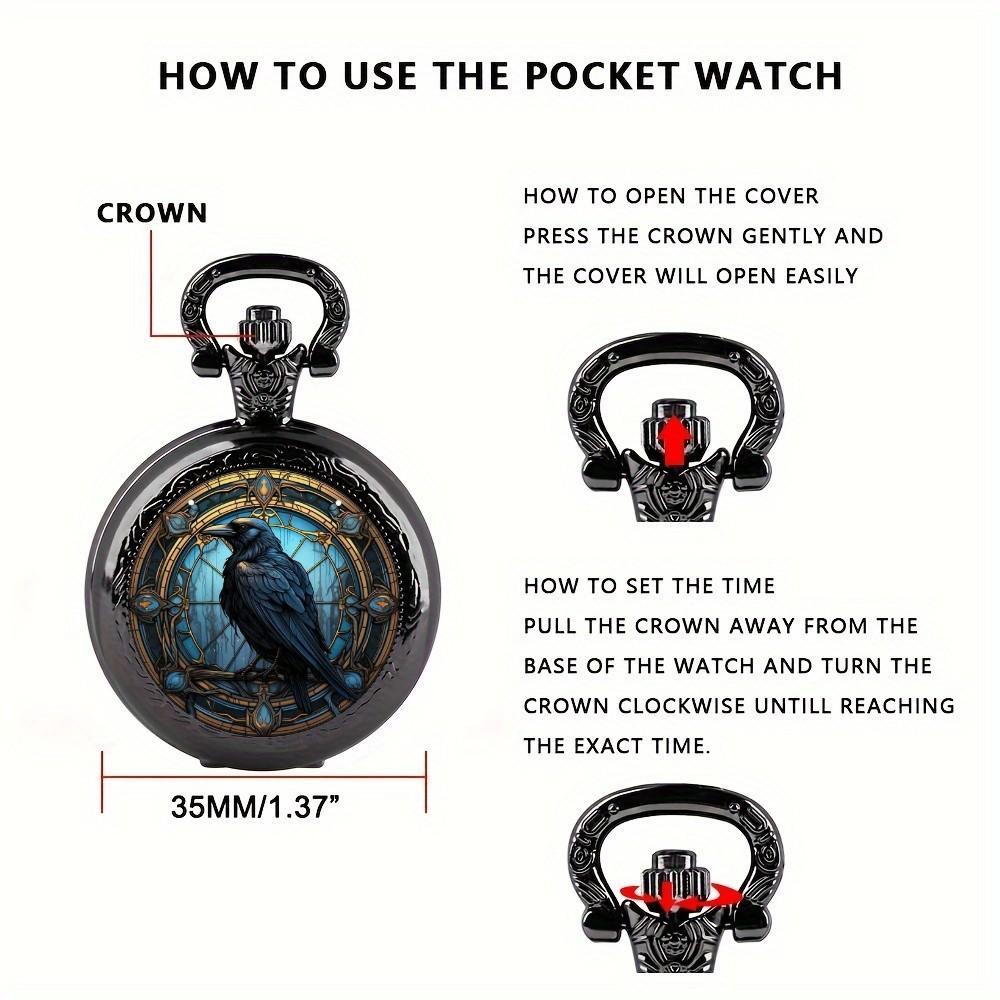 Unique Vintage Black Crow Mini Quartz Pocket Watch,Necklace Pendant With World Time Feature, Ideal Gift For Men & Women and Kids