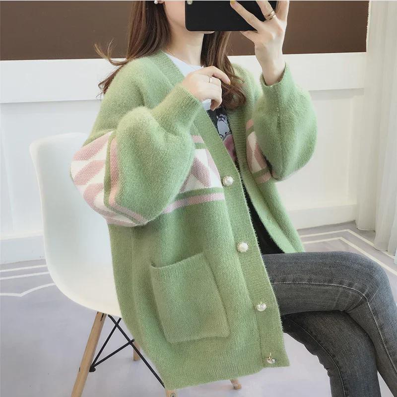 "2024 Hot-Selling Women's Mink Velvet Knitted Cardigan Sweater - Spring/Autumn Medium-Length"