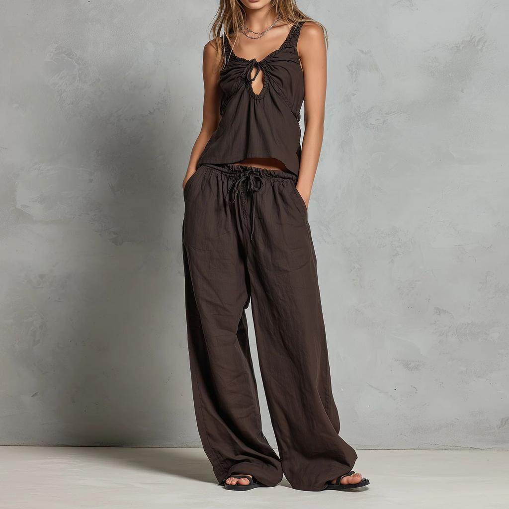 Women Casual Two Piece Set Sleeveless Drawstring Tank Top Loose Fit Wide Leg Pants Summer Outfit Lightweight Breathable Fabric