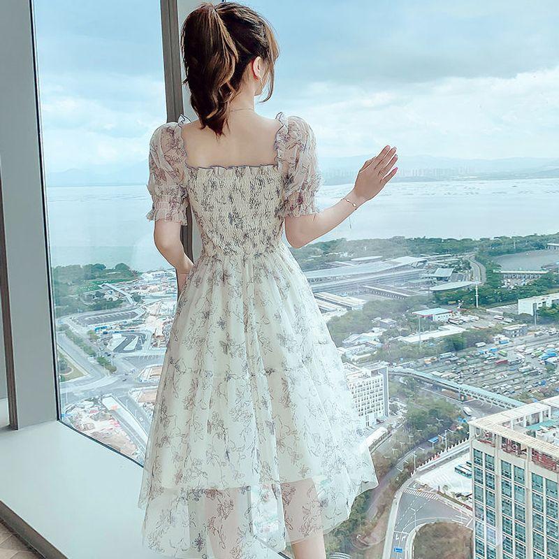 [Workmanship] Floral dress women's 2026 summer bubble sleeves close waist and look thin temperament gentle style skirt
