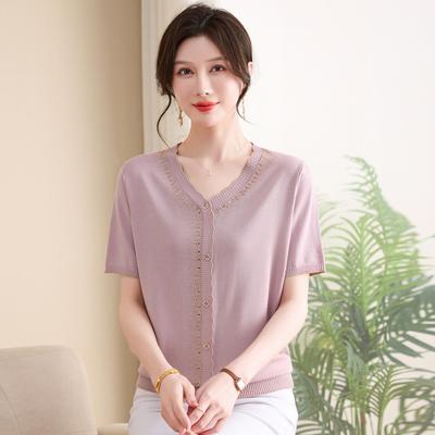 Summer New Bottoming Top Middle-aged and Elderly Women's V-neck Diamond T-shirt Short-sleeved Knitted Shirt