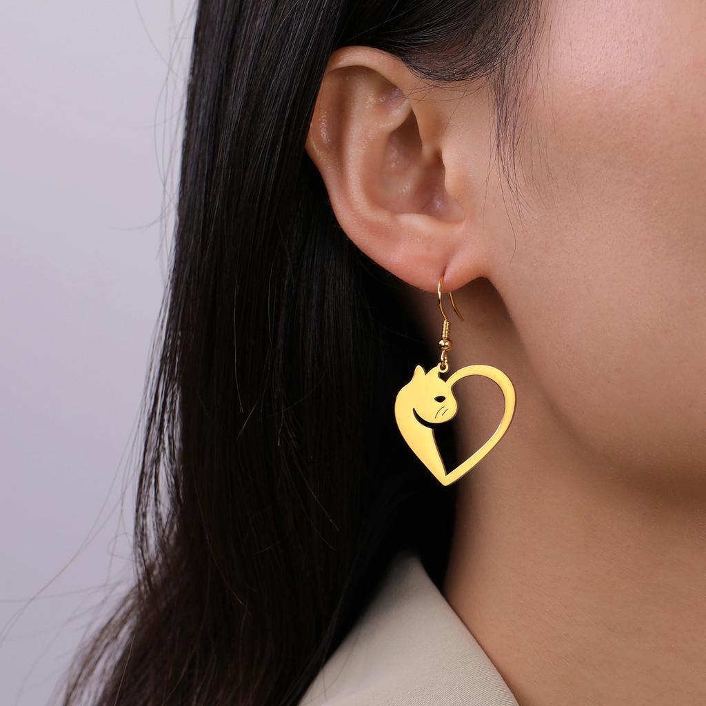 Cazador Cute Cat Kitten Heart Pendant Earrings Stainless Steel Gold Color Animal Drop Earrings for Women Jewelry Birthday Gift