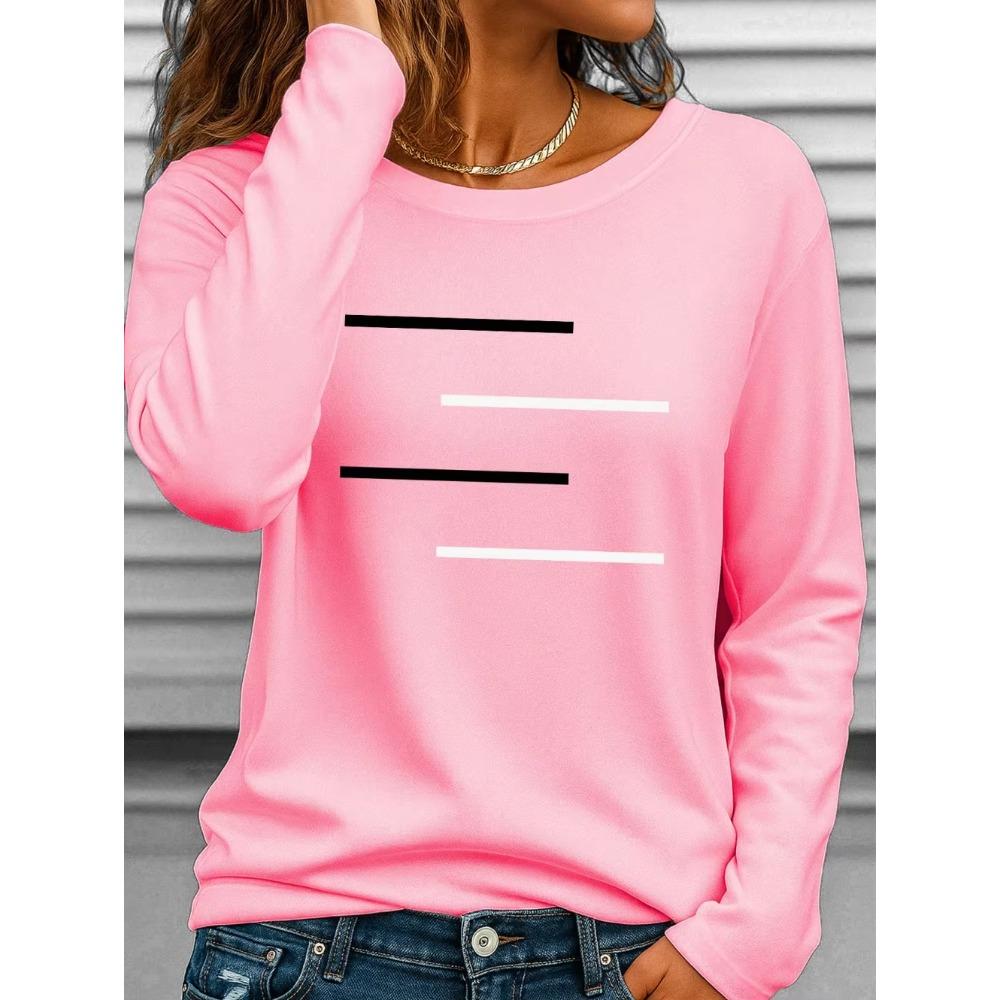 Women's Long Sleeves T-Shirts Casual Loose Black and White Lines Pattern Round Neck Short Sleeved T-Shirt Fall Female Clothing