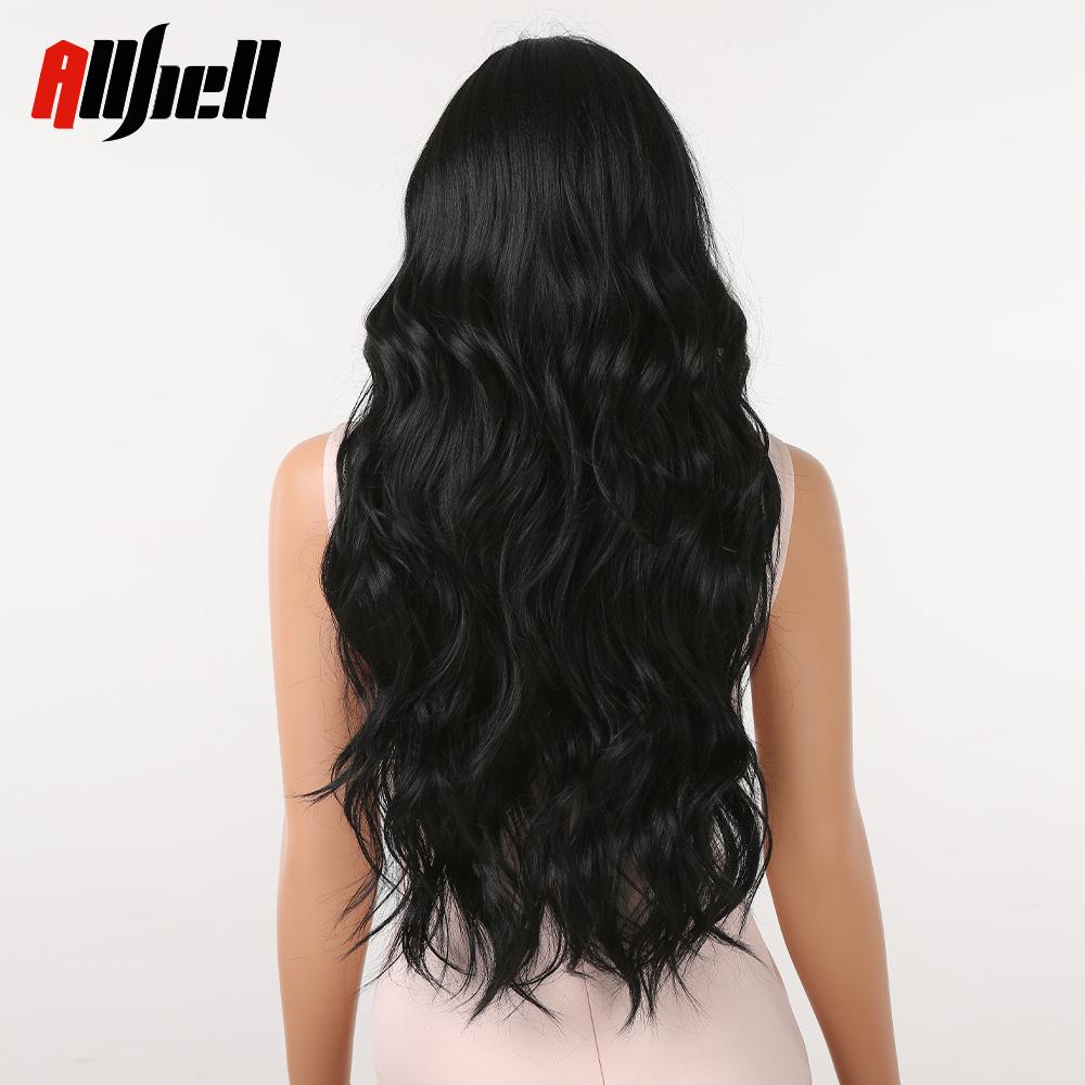 Long Wave Synthetic Wigs With Black Bangs Body Wavy Natural Black Hair Wig Heat Resistant for Women Daily Halloween Cosplay Use
