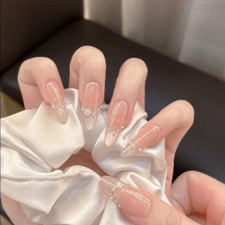 Pearl Gradient French Almond Nails - Transparent, Long, Removable, Whitening Fake Nail Tips