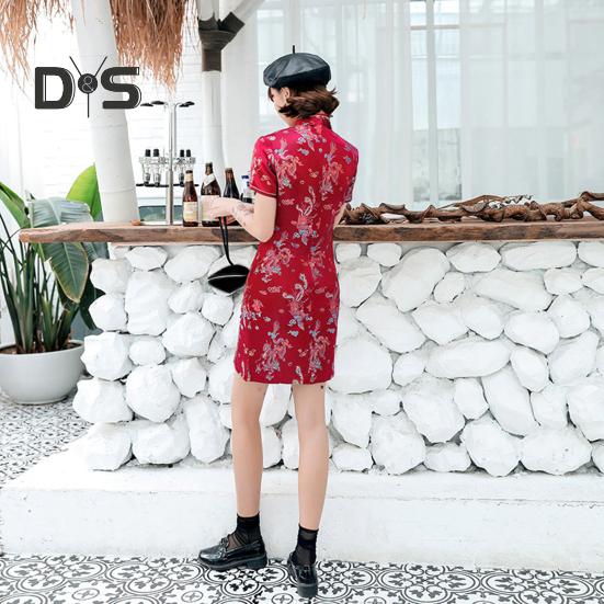 Kvinnor Sommar Cheongsam Stativ krage Dragon Phoenix Tryck Delad fåll Qipao Slim Fit Retro kinesisk stil Ovanför knälängd Bröllopsfest Cocktailklänning