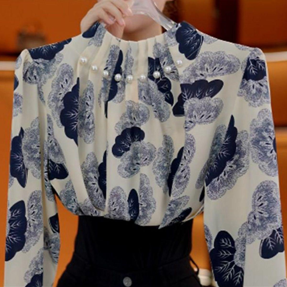 

Women s Beaded Stand Collar Shirt Autumn Loose-Fit Printed Blouse 3XL