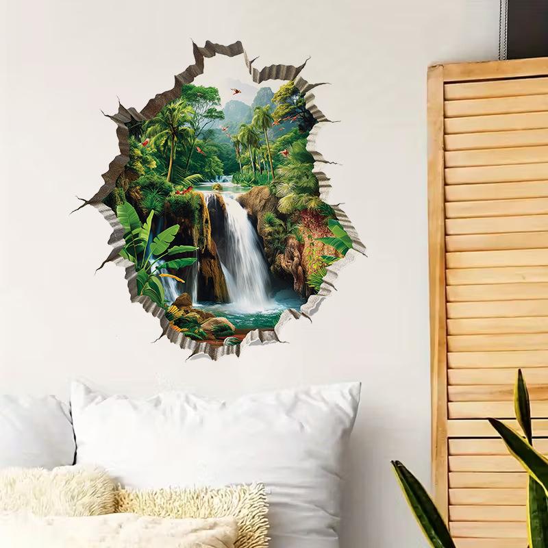 Breakwall 3D Tropical Rainforest Waterfall Wall Decal for Bath Wall Decoration - Landscape Sticker