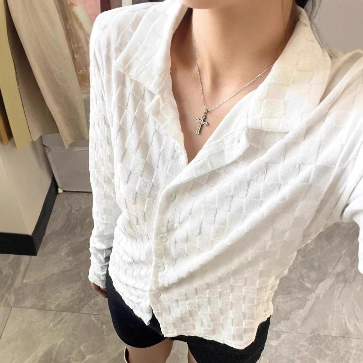 Plaid Korean-Style Embroidered Shirt: Women s Versatile Long-Sleeved Stand Collar Top L белый