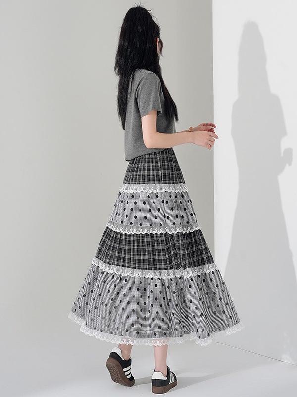 Jupe Midi en Dentelle à Pois Japonais: Ligne A, Étages, Doux, Style Collège pour la Garde-robe d'Été des Femmes
