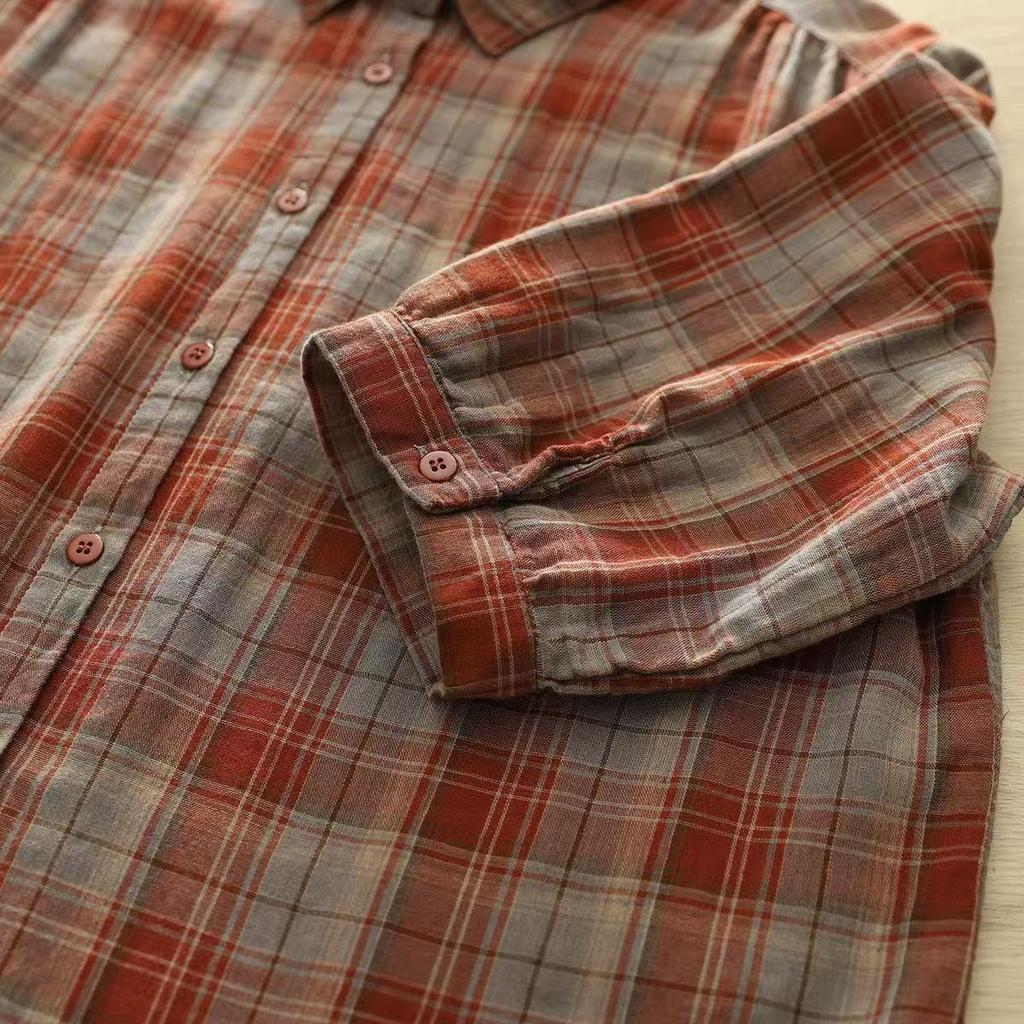 Soft Plaid Shirt Loose Fit Casual Long Sleeve Double Layer Cotton Comfortable Stylish Top Women Fashion