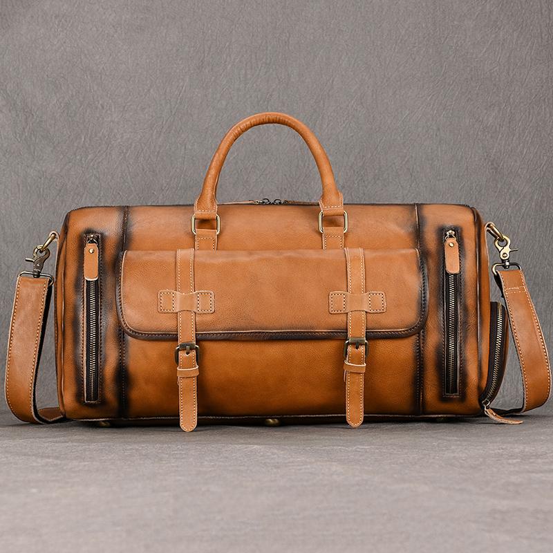 Vintage Fashion Handbags For Men Genuine Leather Travel Duffles Travelling Shoulder Bag Cowskin Hand Luggage Bags Large Duffle