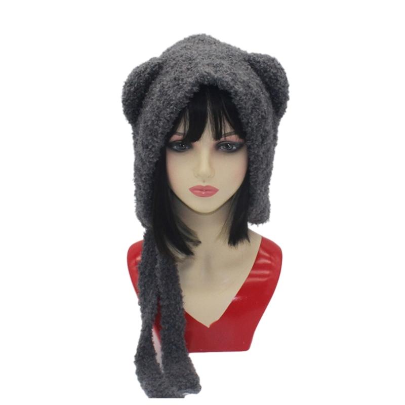 

Knitted Beanie with Cute Bear Ear Decor for Students Adult Windproof Winter Hat Earflap Design Keep Warm Cycling Hat
