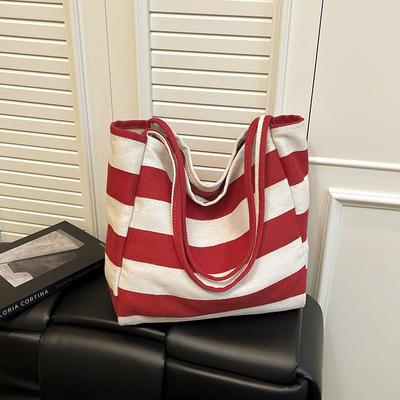 Literarische kontrastfarbene gestreifte Canvas-Tasche Tragetasche große Kapazität Schulter lässige Einkaufstasche große Tasche