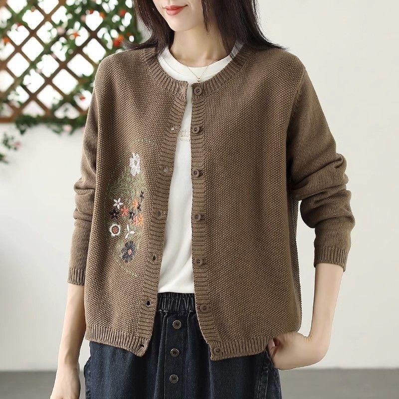 Sweater Knit Cardigan Women Loose Versatile Embroidery Round Neck Single-breasted Long-sleeved Sweater Coat