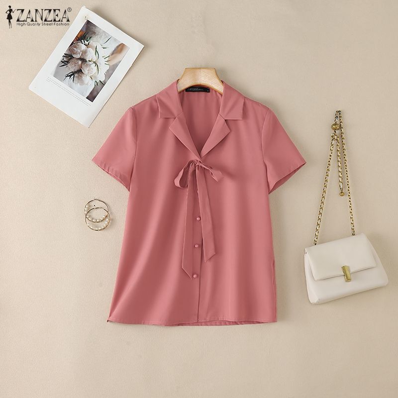 ZANZEA Women Turn Down Collar Loose Casual Short Sleeve Blouse