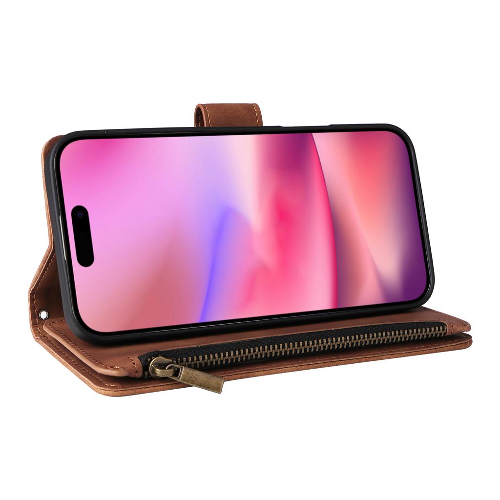 For iPhone 17 Case Zipper Wallet Multiple Card Slots Leather Phone Cover with Wrist Strap