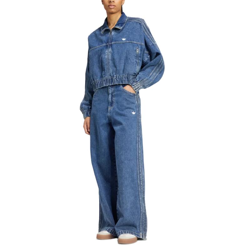 Adidas Originals Premium Essentials Logo Embroidered High-Waisted Zipper Closure Wide-Leg Jeans Women jeans Blue IW5760