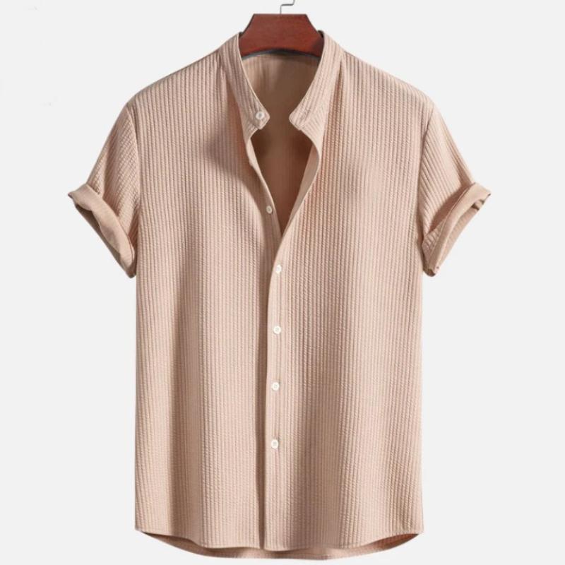 Men's Casual Short Sleeve Solid Color Button- Shirt with Stand Collar