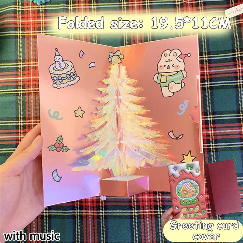 3D Pop Up Christmas Card With Music Merry Christmas Greeting Card Handwritten Blessing Invitation Cards Thanksgiving Gifts
