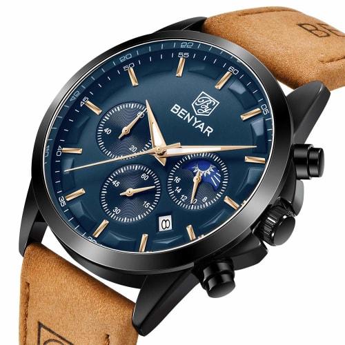 Watches Men's BENYAR Multi Calendar, Chronograph, Business Formal Men's Leather Strap, Analog Watch, Waterproof and Scratch Resistant Brown-Blue