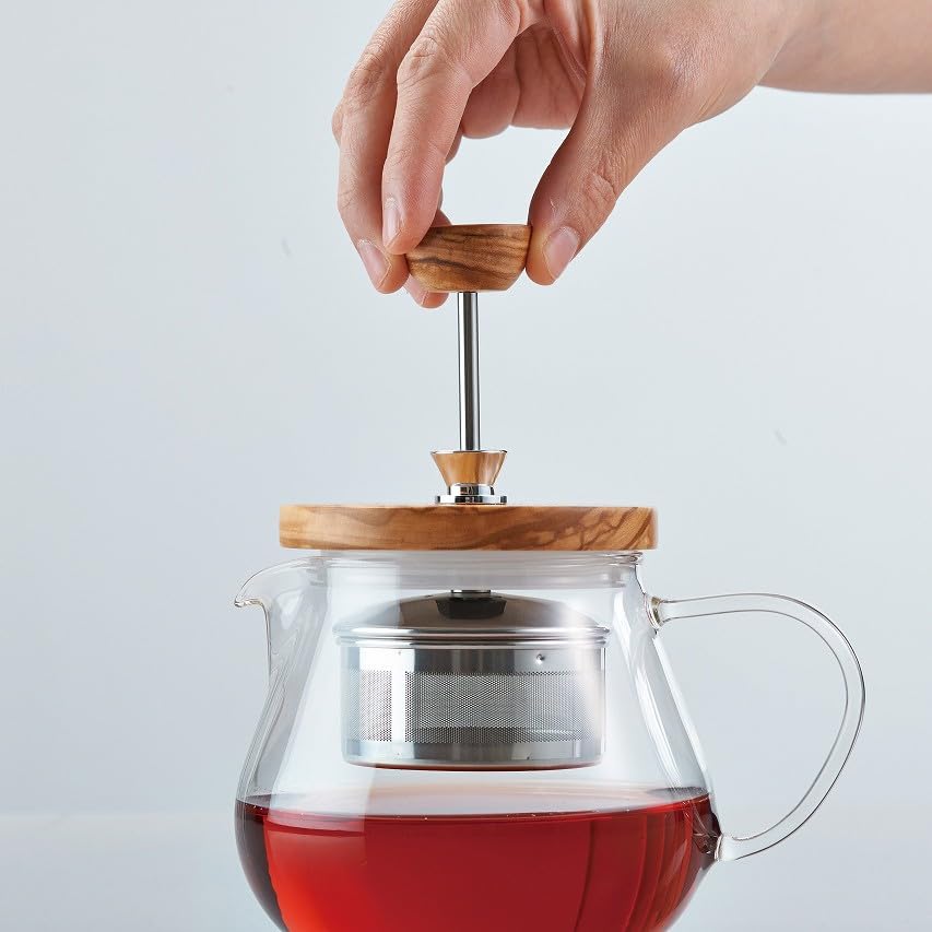 HARIO [TEO Wood 450] Olive Wood Teapot with Pull-Out Tea Strainer, Gift Wrapping Available, Model Number: TEO-45-OV