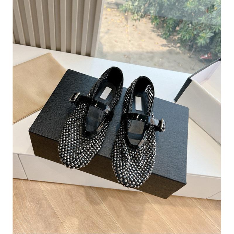 Spring and summer breathable fishing net diamond-encrusted patent leather one-word buckle with round head low-top shallow mouth Mary Jane