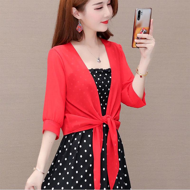 Shawl-style Top Women's All-match Short Chiffon Sunscreen Cardigan with A Thin Skirt