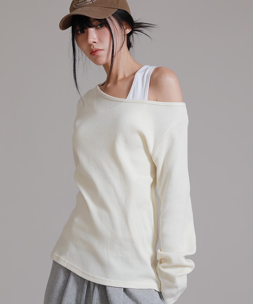 LIKE THE MOST Women'S Waffle Boat Neck Shoulder Loose Fit Long Sleeve T-Shirt_Ivory