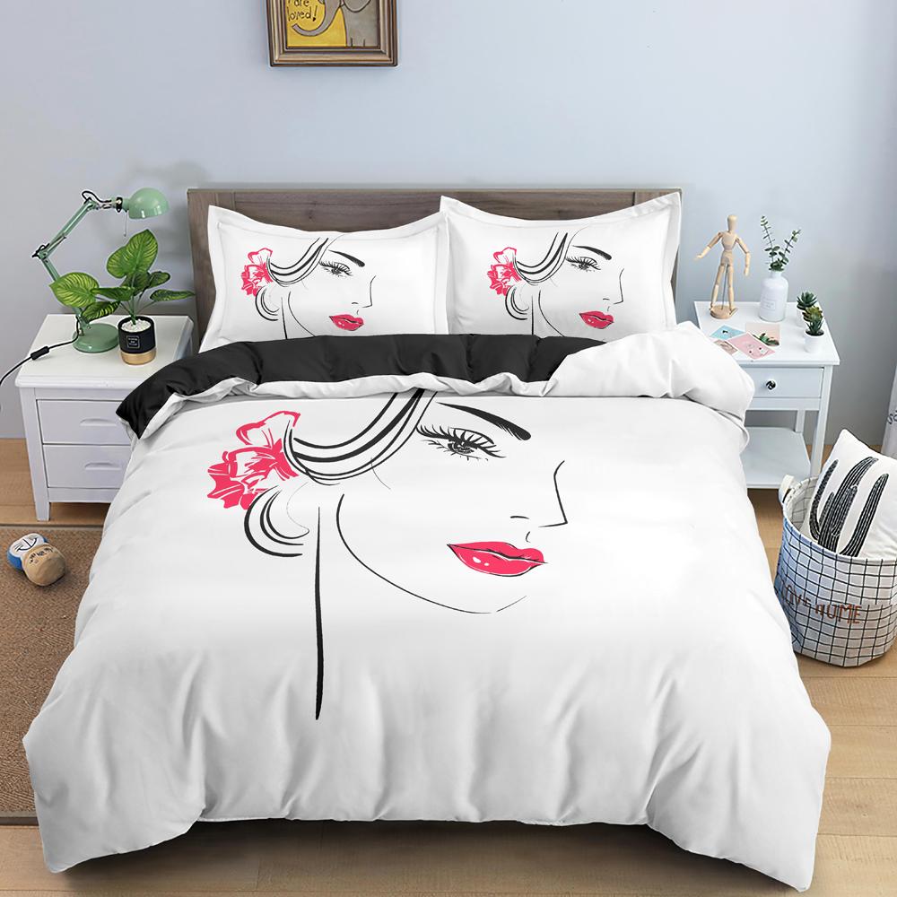 Hand-drawn Woman Portrait Duvet Cover Set Microfiber Black And White Floral Background Bedding Set For Girls 2/3pcs Quilt Cover