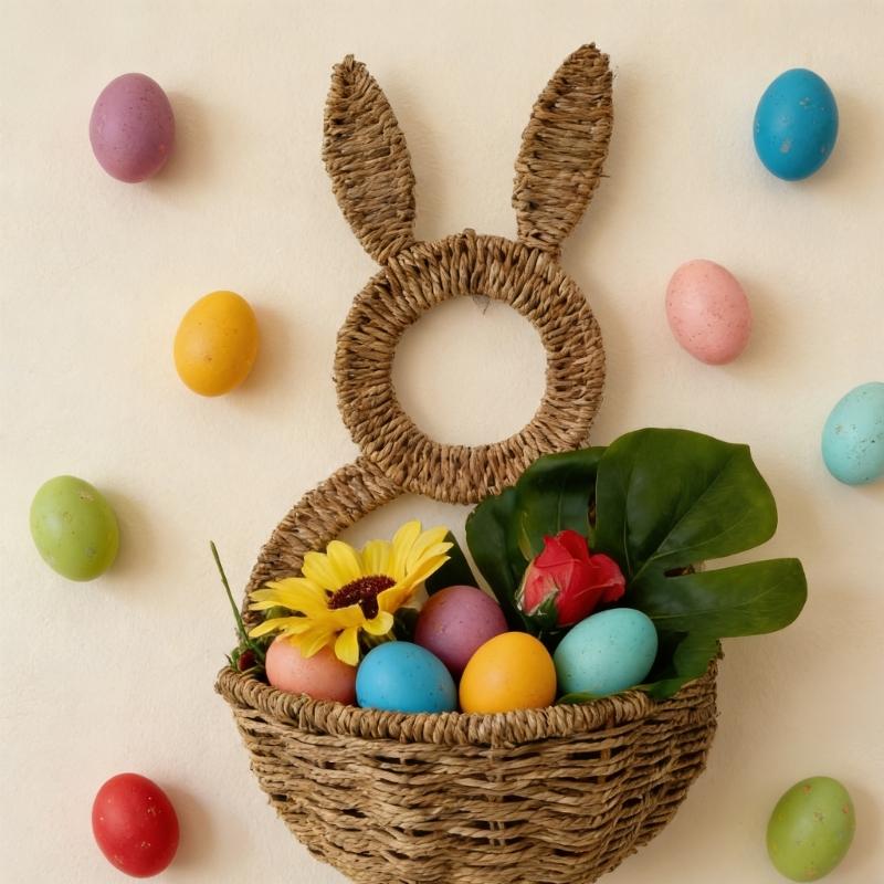 Handwoven Rabbits Ear Shape Flower Basket Natural Rattan Breathable Flower Holder for Home Decors and Storage