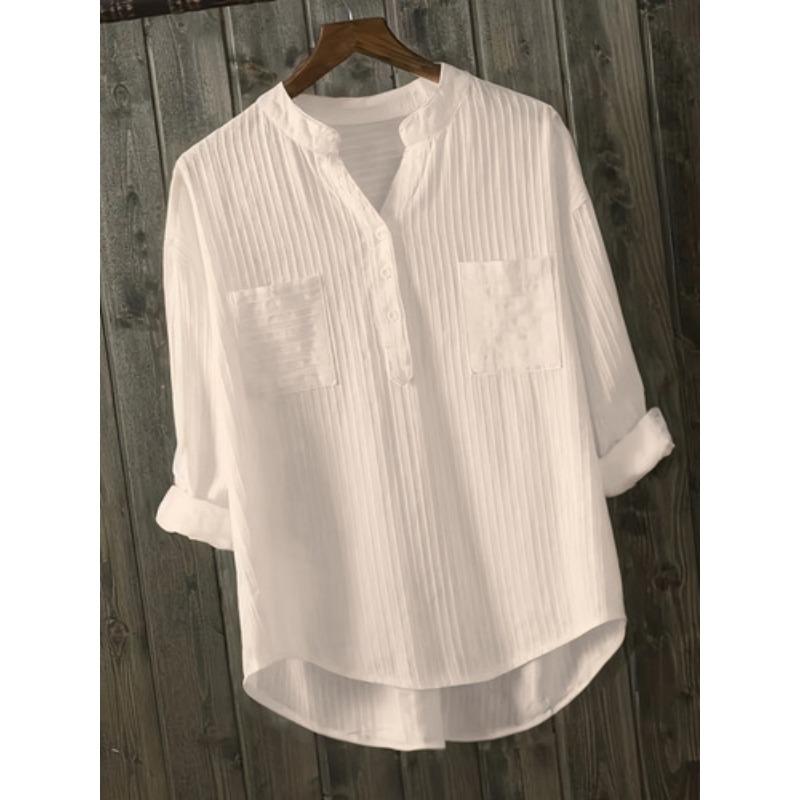 Plus Size Women White Loose Casual Round Neck Three Quarter Sleeve Shirt