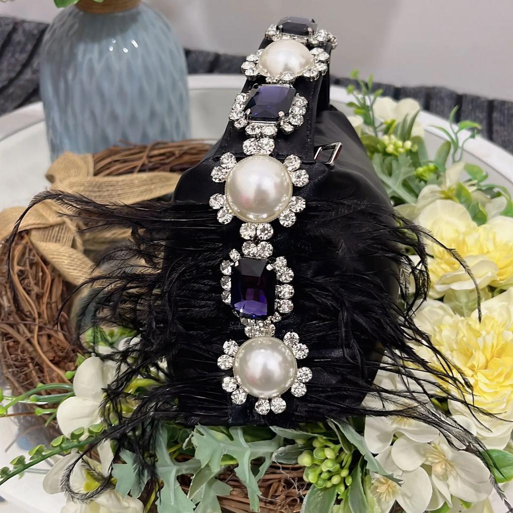 Diamonds Feather Women Handbags Luxury Pearls Party Evening Bags for Women  Designer Satin Square Clutch Wedding Purses Tote
